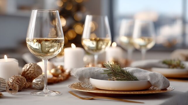 A table with a Christmas tree and candles, and a wine glass with a candle in it