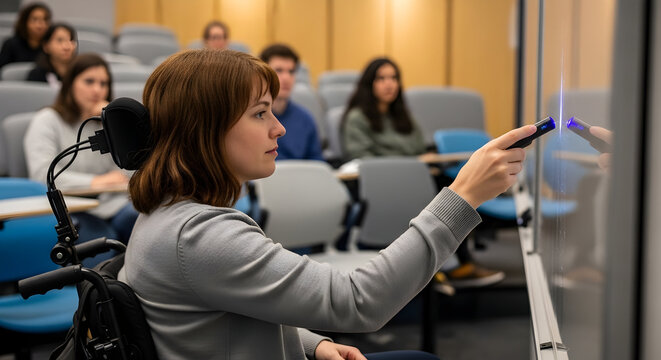 Young Woman With Disability Presenting Ideas In A Modern Classroom Environment