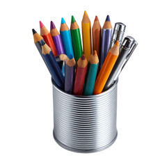 Fototapeta premium Colored pencils and pens in a pencil holder silver isolated from the [Transparent Background PNG].