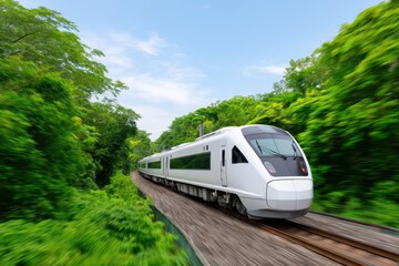 Naklejka premium Fast Train Traveling Through Lush Green Landscape Scene