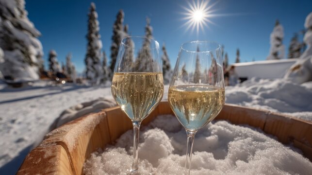Two wine glasses are sitting in a wooden barrel filled with snow