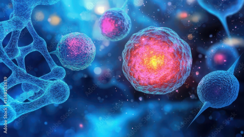 Poster detailed microscopic view of vibrant colorful biological cells and cellular structures in a scientif