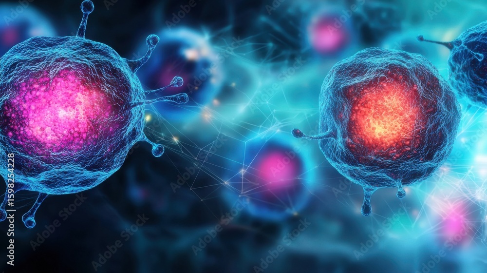Poster detailed microscopic view of cellular structures and organisms in a biotech or medical research labo