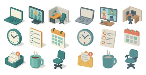 Remote work isometric icons set – digital, telecommuting, office symbols