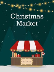 Cozy flat illustration of a Christmas market stall with gifts and crafts. The booth is decorated with festive lights and snow.
