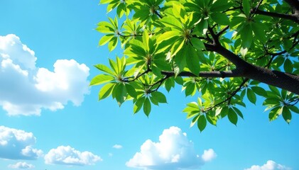 Fototapeta premium Branch of a tree stretching towards a blue sky with clouds, wood, serene