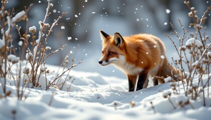 Fototapeta premium a red fox standing in snow covered terrain, with snowflakes visible in the air, suggesting that it's winter