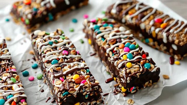 Granola bars with dried fruits and nuts covered with chocolate icing