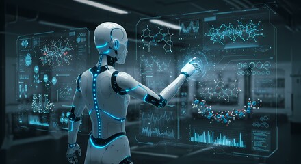 Futuristic AI Robot Analyzing Data on Holographic Screens in a Lab
