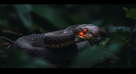 Fototapeta premium A menacing black viper with fiery red eyes lies coiled in the shadows of the dense jungle, a fearsome reptile predator in the wild.