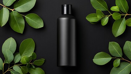 Black background with a black bottle of shampoo surrounded by green leaves, top view, flat lay, mockup template for product presentation, poster style, minimalistic, with copy space, 