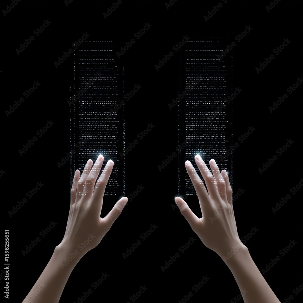 Poster hands reaching towards digital data interface with light effects