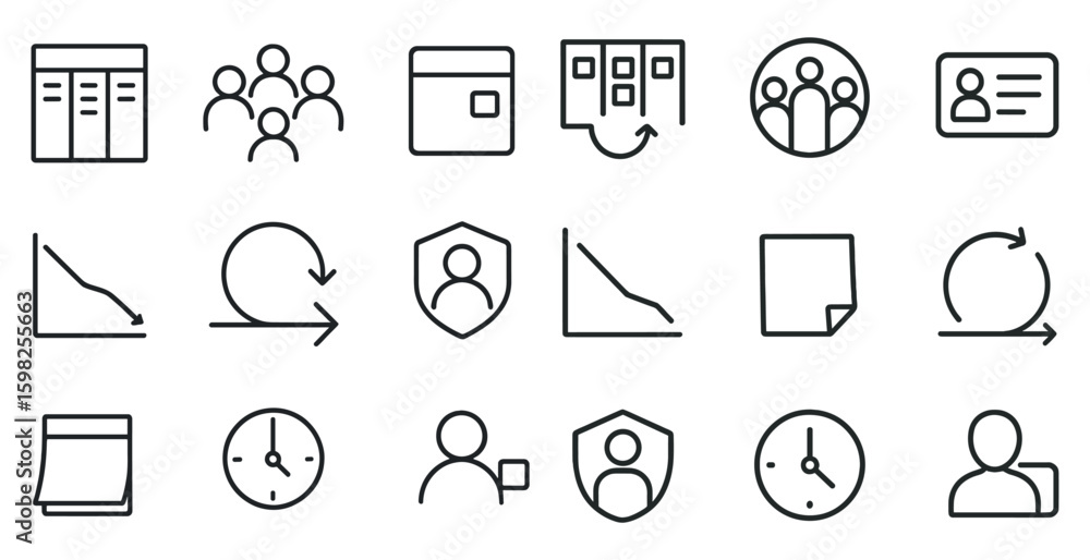 Poster project management outline icons set – linear, workflow, task symbols for planning