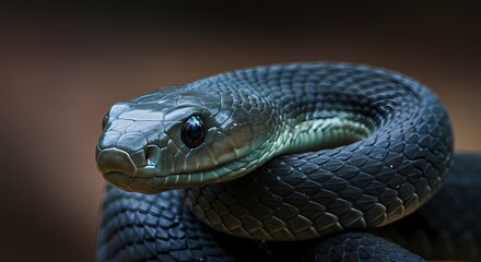 Fototapeta premium Intense close-up portrait of a powerful black mamba snake, showcasing its sleek dark scales and sharp eyes, a formidable and venomous reptile in its natural environment.
