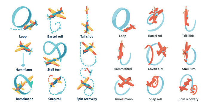 Aerobatic maneuvers 3d icons set &ndash; flight, aviation stunts, and aerial displays