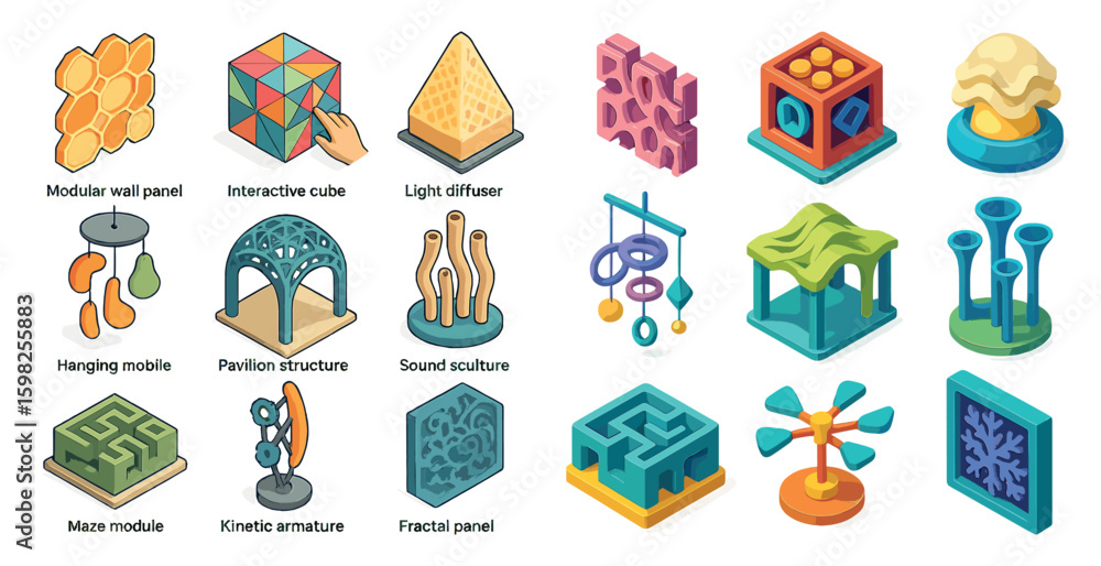 Poster abstract architecture isometric icons set – 3d, geometric, modular design elements