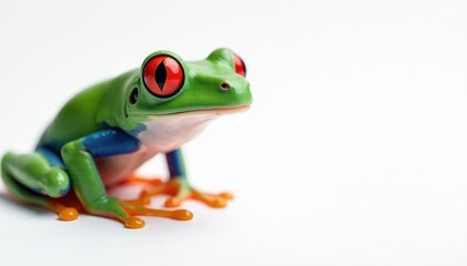 Solitary red-eyed tree frog against pure white backdrop, skin, bright, jump