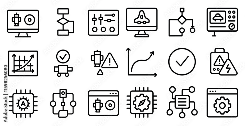 Poster automation and technology outline icons set – line, schematic, digital and process design