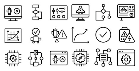 Automation and technology outline icons set – line, schematic, digital and process design
