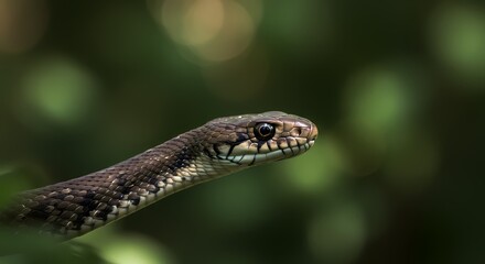 Fototapeta premium Close-up profile of a snake's head, with its scales visible and dark eyes looking intently forward, set against a blurred green natural background.