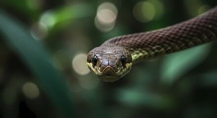 Fototapeta premium Close-up of a wild snake staring directly at the camera in a lush green jungle environment.