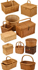 Set of Empty Wicker Baskets Isolated on Black Background