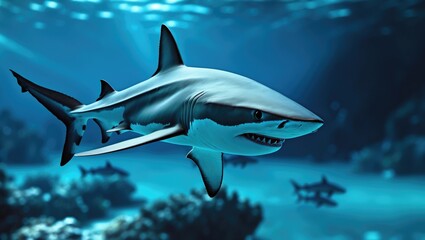 Fototapeta premium Great White Shark swimming underwater with aquatic ecosystem and marine life, predator, ocean, wildlife, and dangerous sea creature.