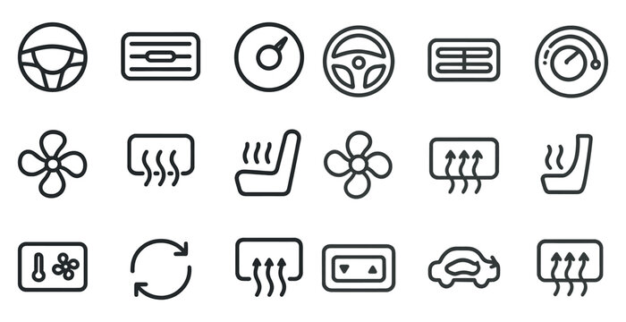 Automotive dashboard line icons set – outline, vehicle, car control symbols