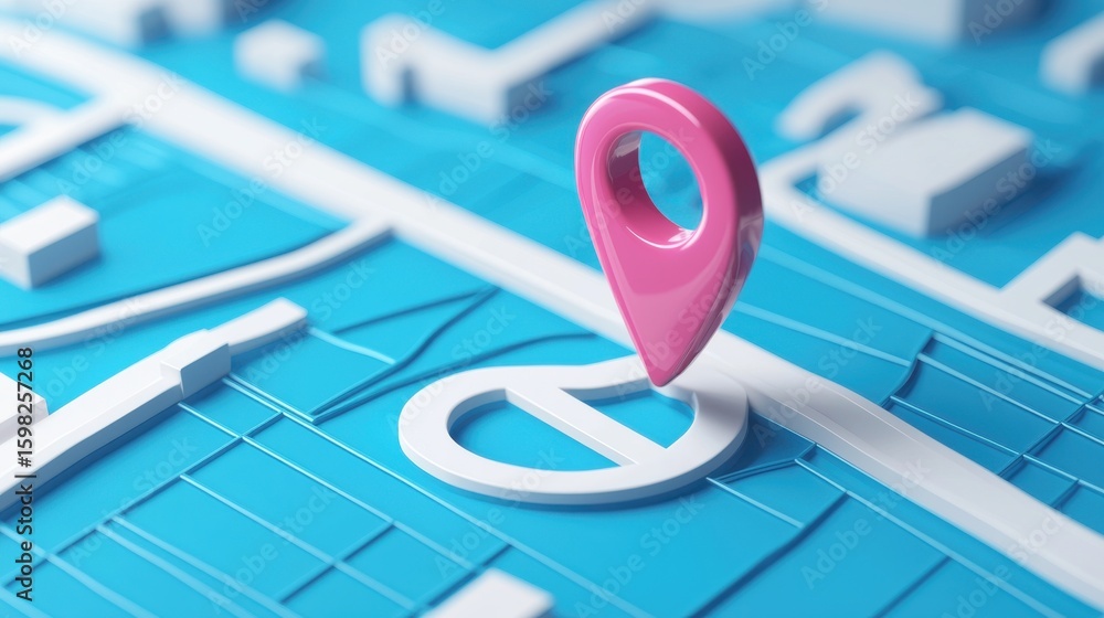 Poster a detailed 3d rendering of a stylized map interface featuring a prominent pink location marker or pi