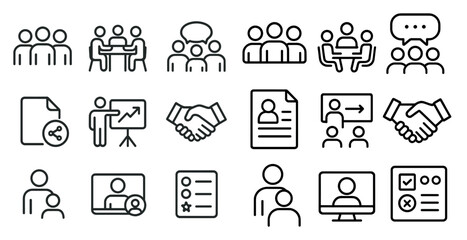 Communication and networking icons set – outline, linear, group meeting tools