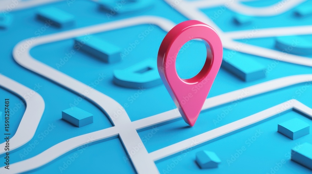 Poster aerial view of a stylized city map with a bright pink location marker pin representing a specific po