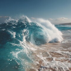 Fototapeta premium Majestic Ocean Wave Crashing on Sandy Shore Under Bright Blue Sky