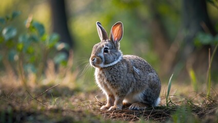 Fototapeta premium A wild rabbit in a natural outdoor setting with greenery and sunlight.