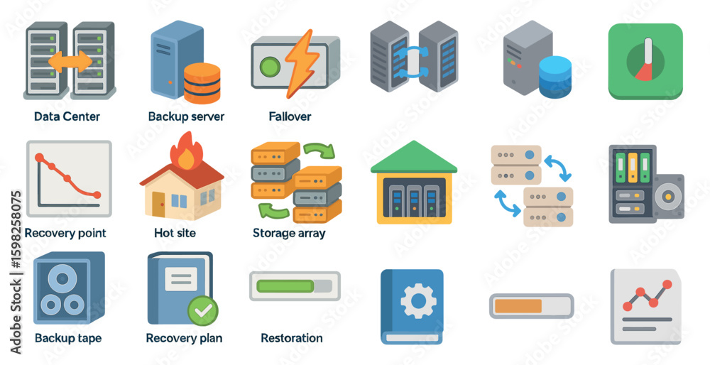 Poster data center and server icons set – isometric backup, recovery point and failover symbols