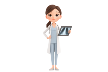 Medical intern girl holding tablet with glowing x-ray scan, 3d animation, isolated on a white background, in a simple style, with a transparent PNG