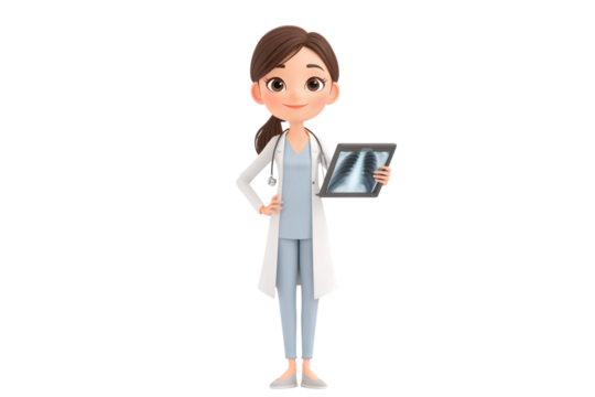 Medical intern girl holding tablet with glowing x-ray scan, 3d animation, isolated on a white background, in a simple style, with a transparent PNG