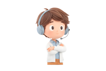 all center boy talking to customer under blue LED light, 3d animation, isolated on a white background, in a simple style, with a transparent PNG 