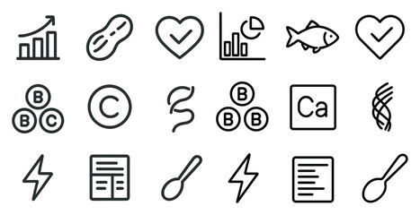 Naklejka premium Health and nutrition icons set – linear, outline, wellness and diet symbols