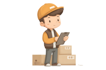 Young warehouse packer scanning boxes in dark warehouse, 3d animation, isolated on a white background, in a simple style, with a transparent PNG