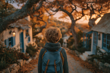 Enfant marchant avec un sac à dos dans un chemin de village fleuri, rentrée scolaire, septembre, école primaire, 1er jour