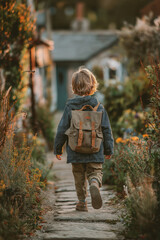 Enfant marchant avec un sac à dos dans un chemin de village fleuri, rentrée scolaire, septembre, école primaire, 1er jour
