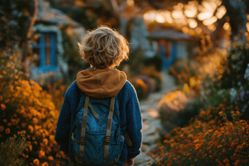 Enfant marchant avec un sac à dos dans un chemin de village fleuri, rentrée scolaire, septembre, école primaire, 1er jour