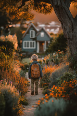 Enfant marchant avec un sac à dos dans un chemin de village fleuri, rentrée scolaire, septembre, école primaire, 1er jour