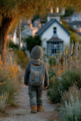 Enfant marchant avec un sac à dos dans un chemin de village fleuri, rentrée scolaire, septembre, école primaire, 1er jour