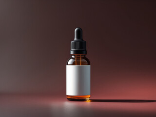 Naklejka premium Amber glass dropper bottle with a blank label for product mockup. Cosmetic serum or essential oil on a dark, moody brown background.