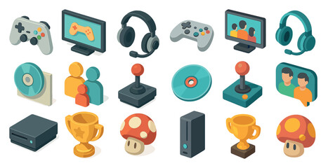 Gaming and technology isometric icons set – digital, video game, entertainment symbols