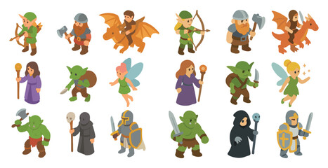 Obraz premium Fantasy and adventure isometric icons set – role-playing, gaming characters