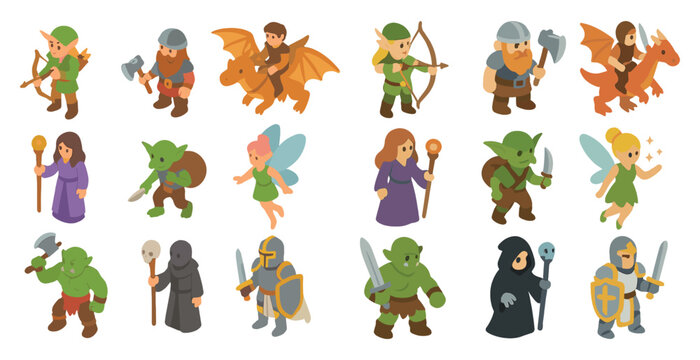 Fototapeta Fantasy and adventure isometric icons set – role-playing, gaming characters