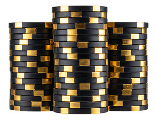 Tall Stack of Black and Gold Poker Chips, Front View, Isolated