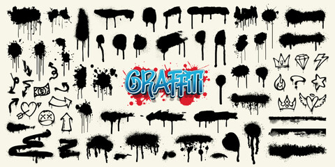 Collection of graffiti spray pattern, symbol, heart, crown, arrow or star with grunge texture. Graffiti stencil, paint brush stroke banner, ink splash or black watercolor drop. Doodle frame background © RPXGraphix